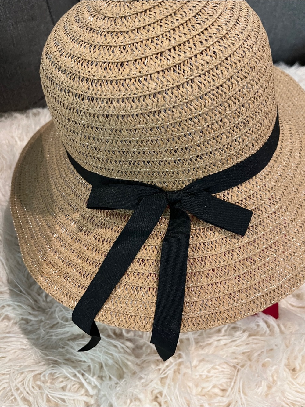 Straw Sun Hat with Black Ribbon Khaki BRAND NEW